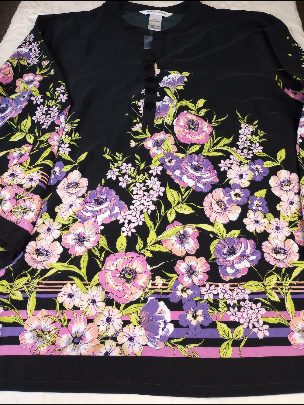 Drapers & Damons Black Floral Button Henley Top Pink & Purple Blooms Size XL